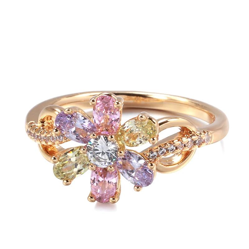 Fashionable 585 Rose Gold Floral Cocktail Ring with Vibrant Natural Zircon Crystals