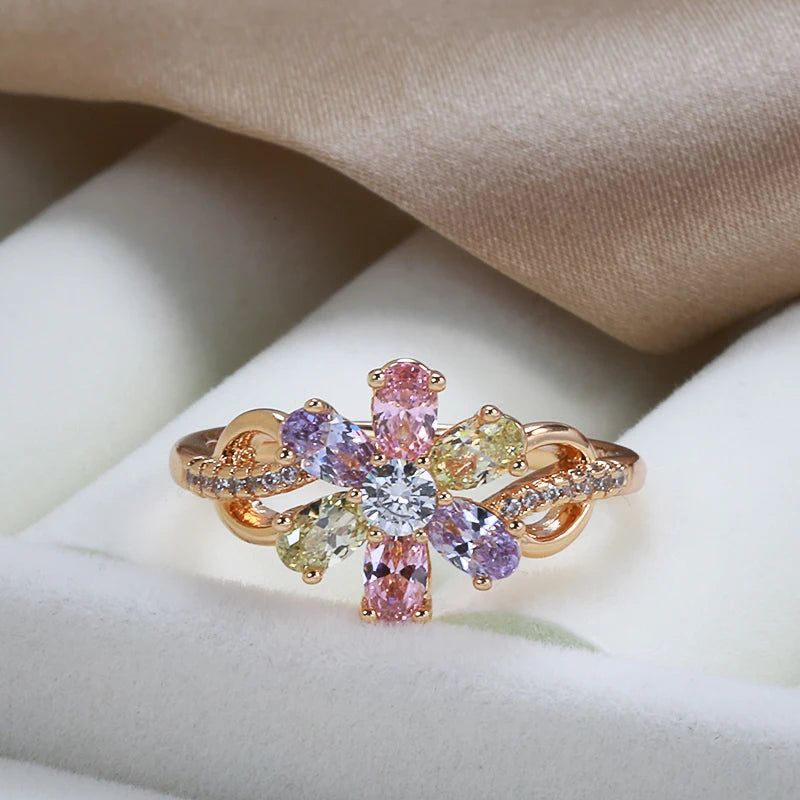 Fashionable 585 Rose Gold Floral Cocktail Ring with Vibrant Natural Zircon Crystals