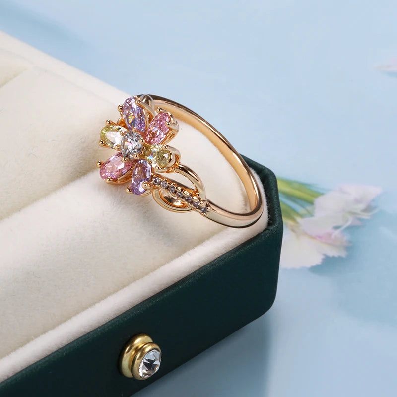 Fashionable 585 Rose Gold Floral Cocktail Ring with Vibrant Natural Zircon Crystals