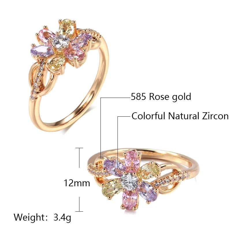 Fashionable 585 Rose Gold Floral Cocktail Ring with Vibrant Natural Zircon Crystals