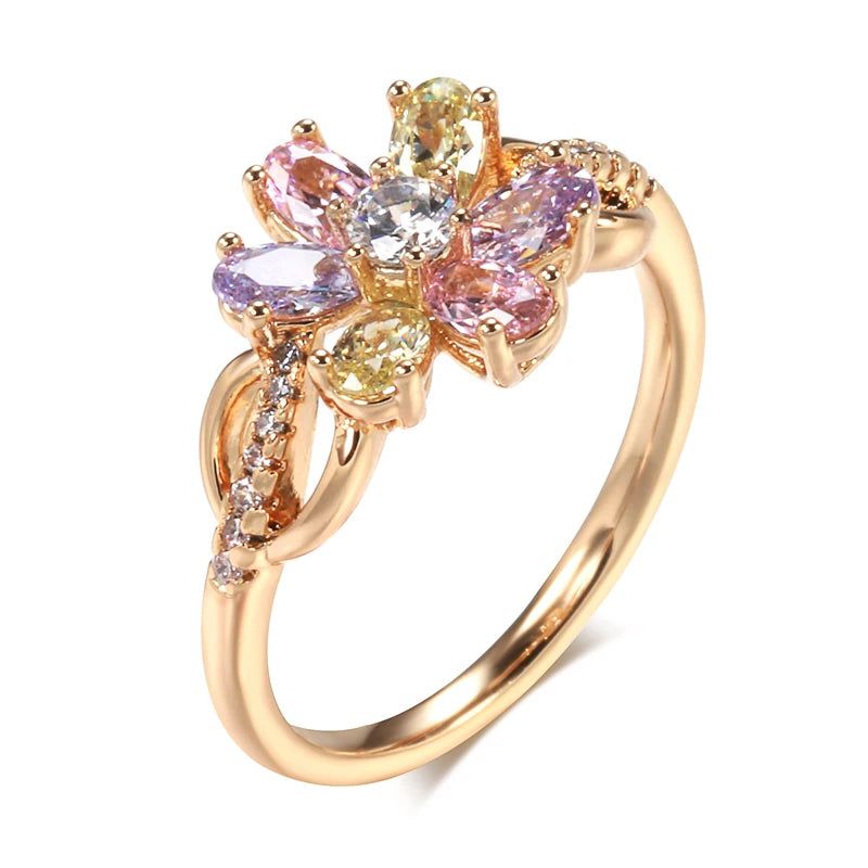 Fashionable 585 Rose Gold Floral Cocktail Ring with Vibrant Natural Zircon Crystals