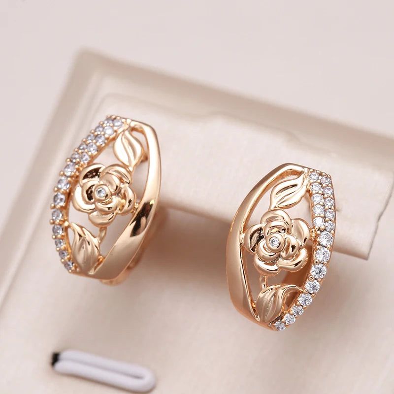 Fashionable 585 Rose Gold Floral Crystal Drop Earrings with Natural Zircon Inlay for Bridal and Boho Style