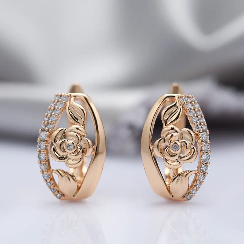 Fashionable 585 Rose Gold Floral Crystal Drop Earrings with Natural Zircon Inlay for Bridal and Boho Style