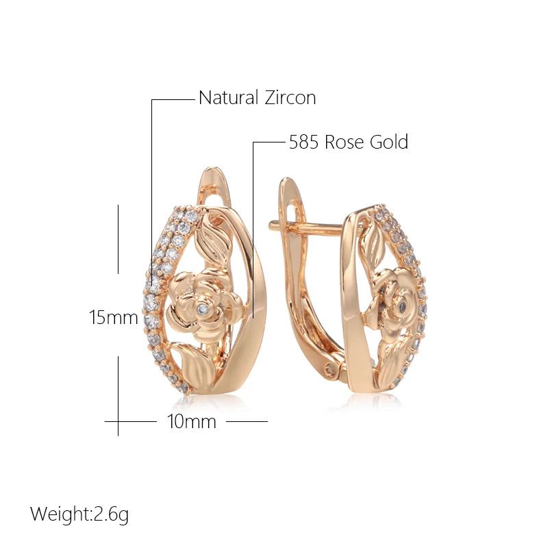 Fashionable 585 Rose Gold Floral Crystal Drop Earrings with Natural Zircon Inlay for Bridal and Boho Style