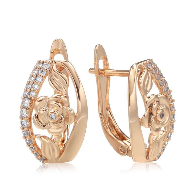 Fashionable 585 Rose Gold Floral Crystal Drop Earrings with Natural Zircon Inlay for Bridal and Boho Style