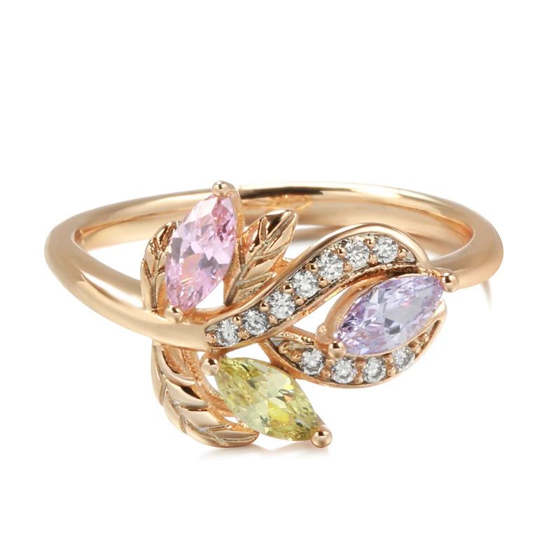 Fashionable 585 Rose Gold Floral Crystal Ring with Colorful Natural Zircon