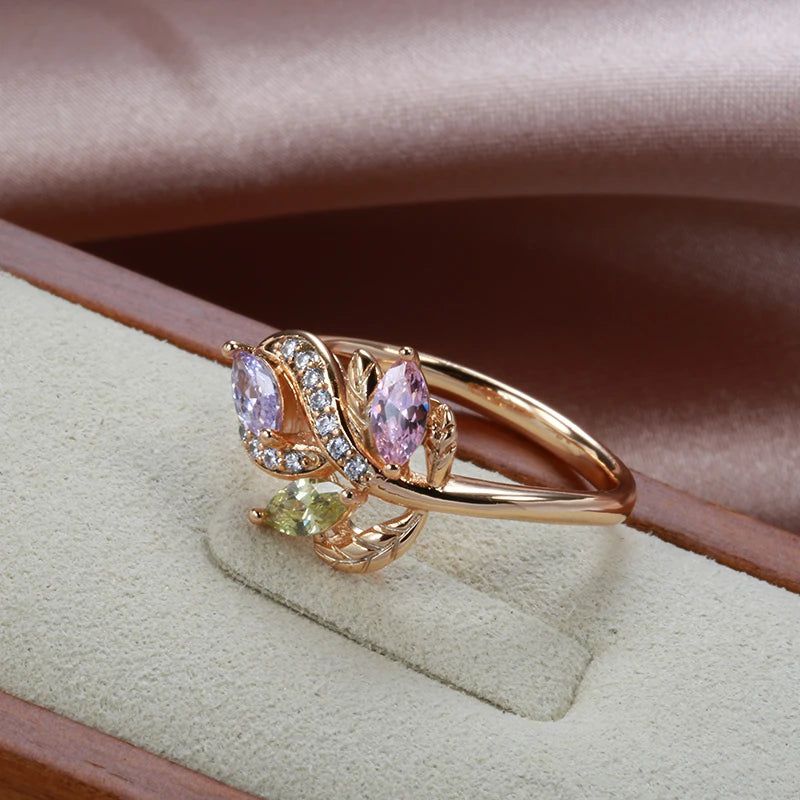 Fashionable 585 Rose Gold Floral Crystal Ring with Colorful Natural Zircon