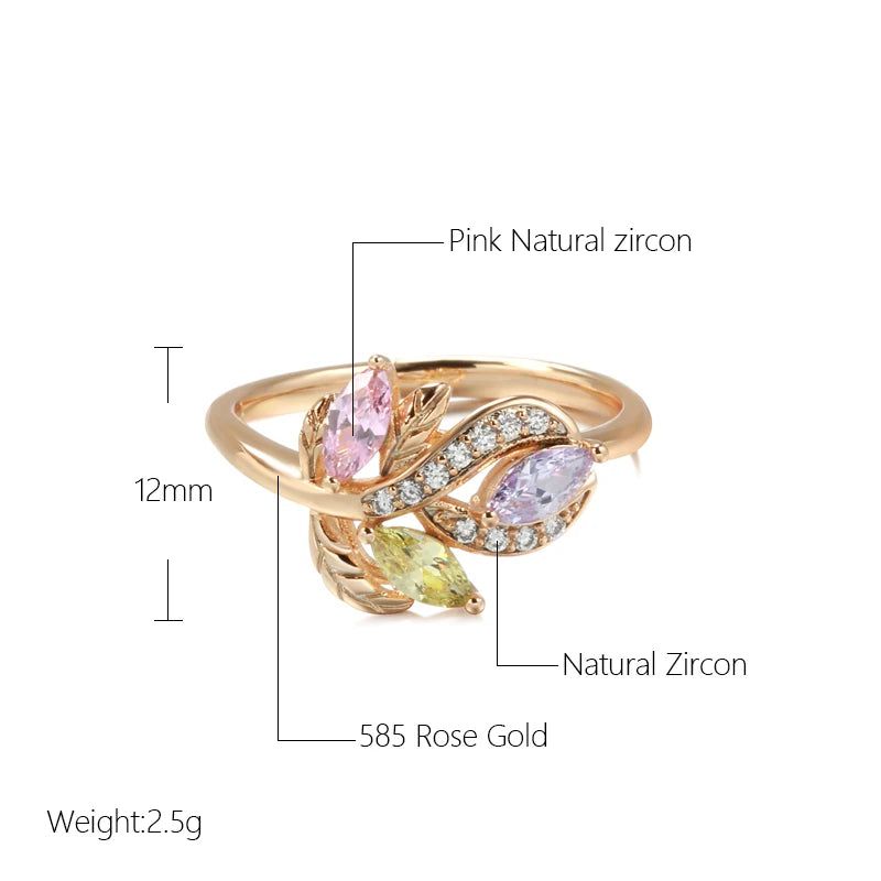 Fashionable 585 Rose Gold Floral Crystal Ring with Colorful Natural Zircon