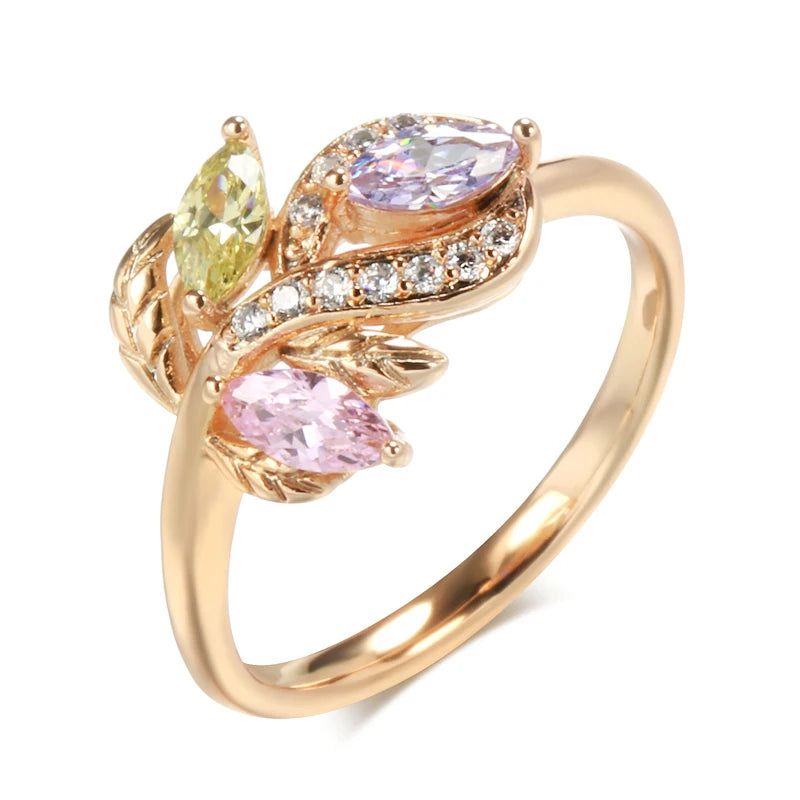 Fashionable 585 Rose Gold Floral Crystal Ring with Colorful Natural Zircon