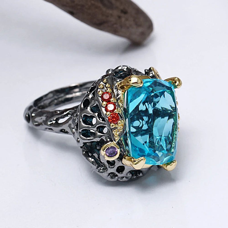 Fashionable Gothic Blue Square Cubic Zirconia Cocktail Ring