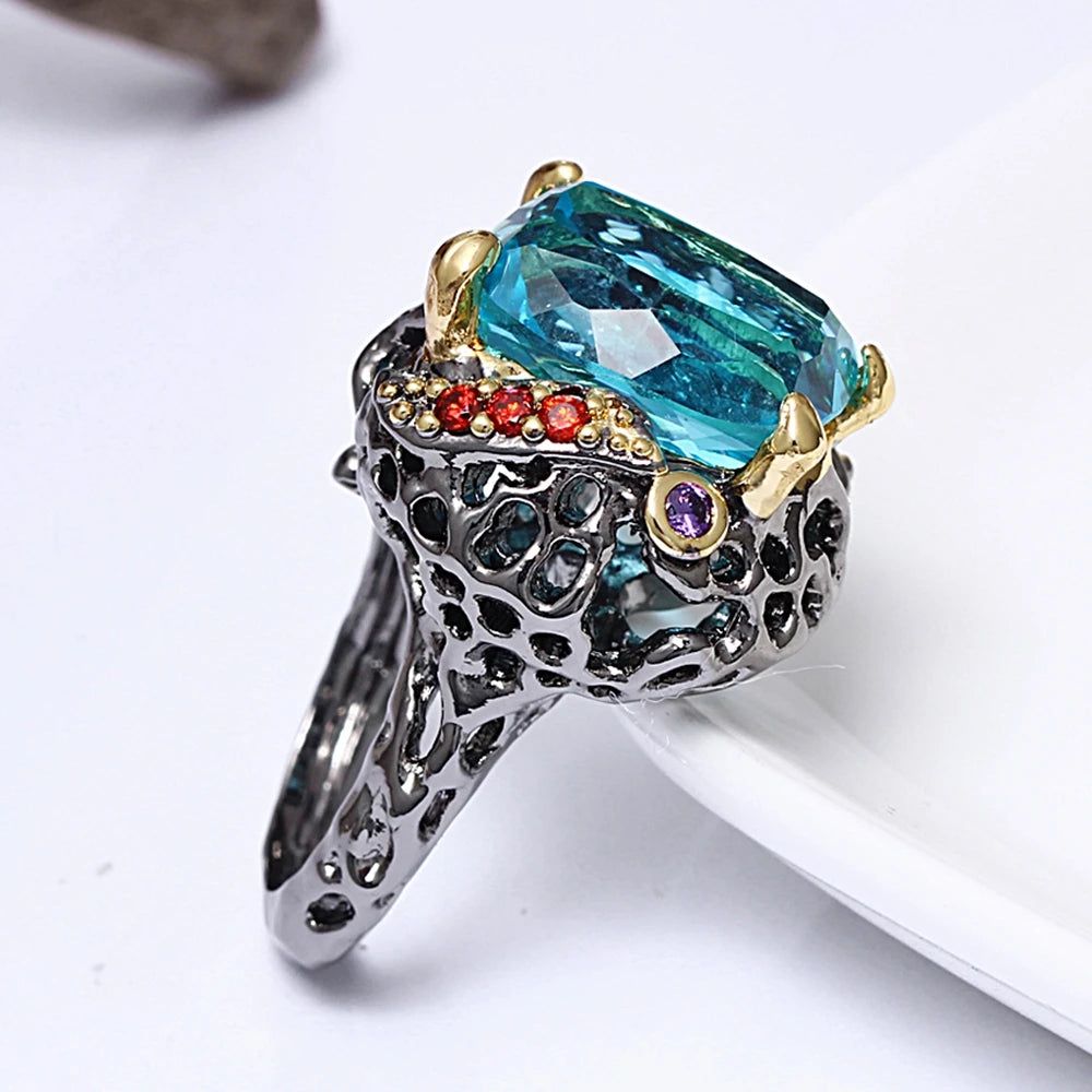 Fashionable Gothic Blue Square Cubic Zirconia Cocktail Ring