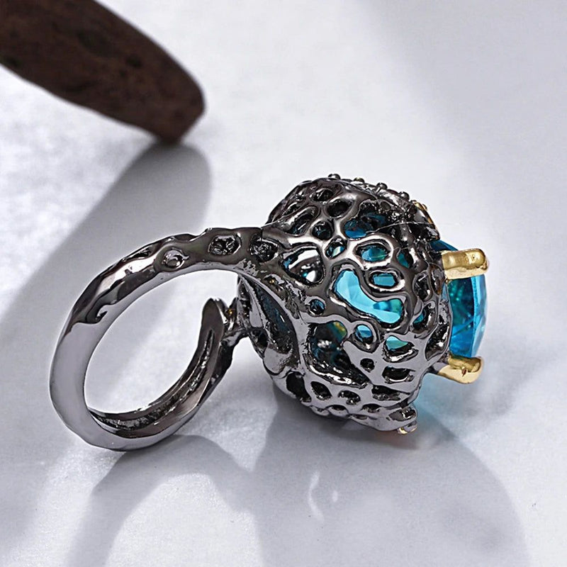 Fashionable Gothic Blue Square Cubic Zirconia Cocktail Ring