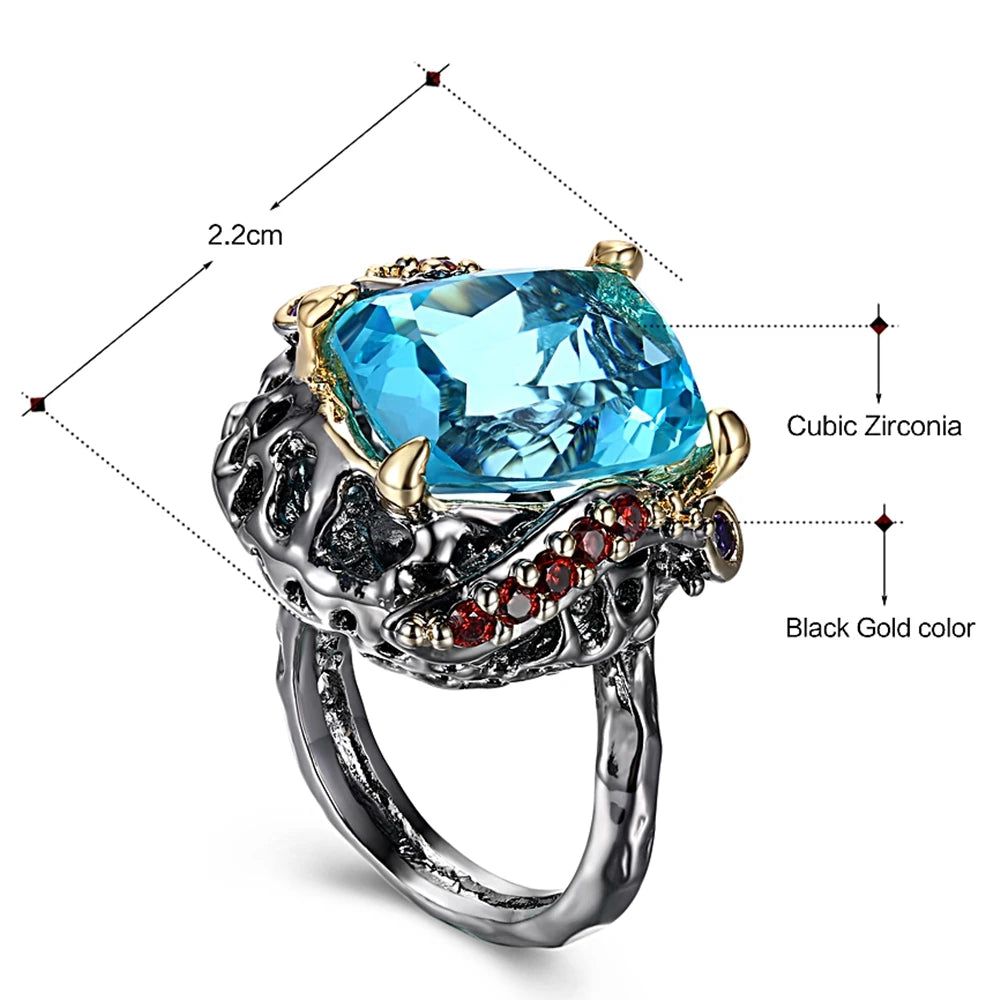 Fashionable Gothic Blue Square Cubic Zirconia Cocktail Ring