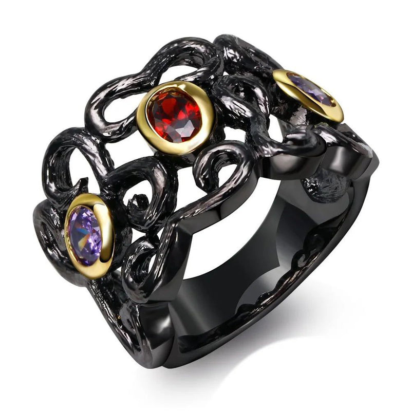 Fashionable Hollow Fuchsia CZ Cocktail Ring in Black Gold