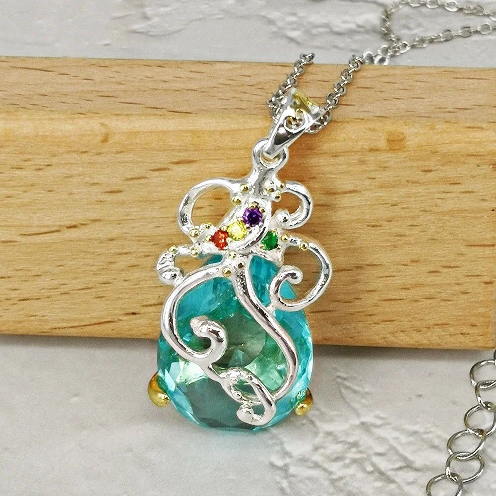 Fashionable Long Chain Pendant Necklace with Large Light Blue Zircon