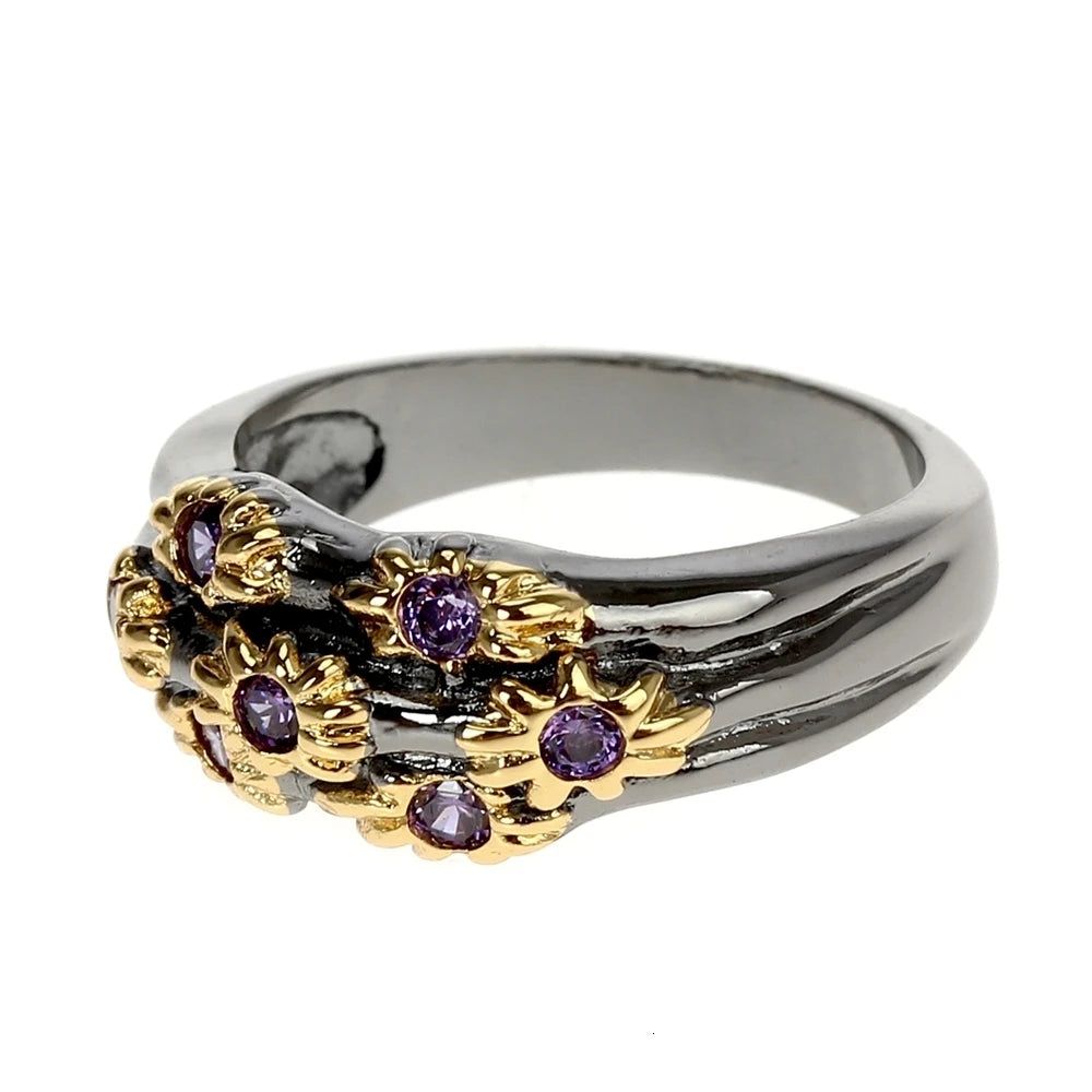 Fashionable Neo-Gothic Floral Band Ring with Purple Zircon in Gold Finish