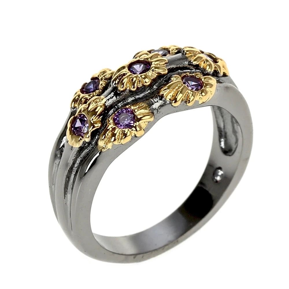 Fashionable Neo-Gothic Floral Band Ring with Purple Zircon in Gold Finish