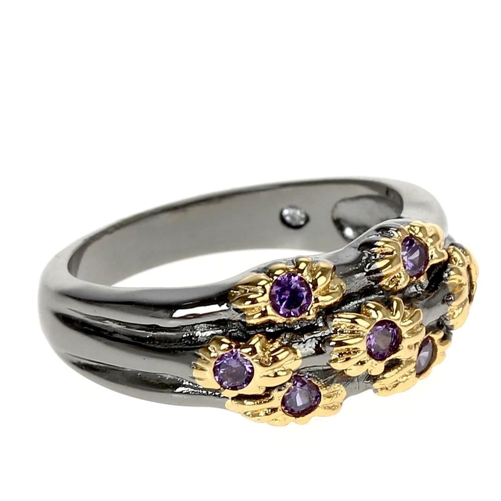 Fashionable Neo-Gothic Floral Band Ring with Purple Zircon in Gold Finish