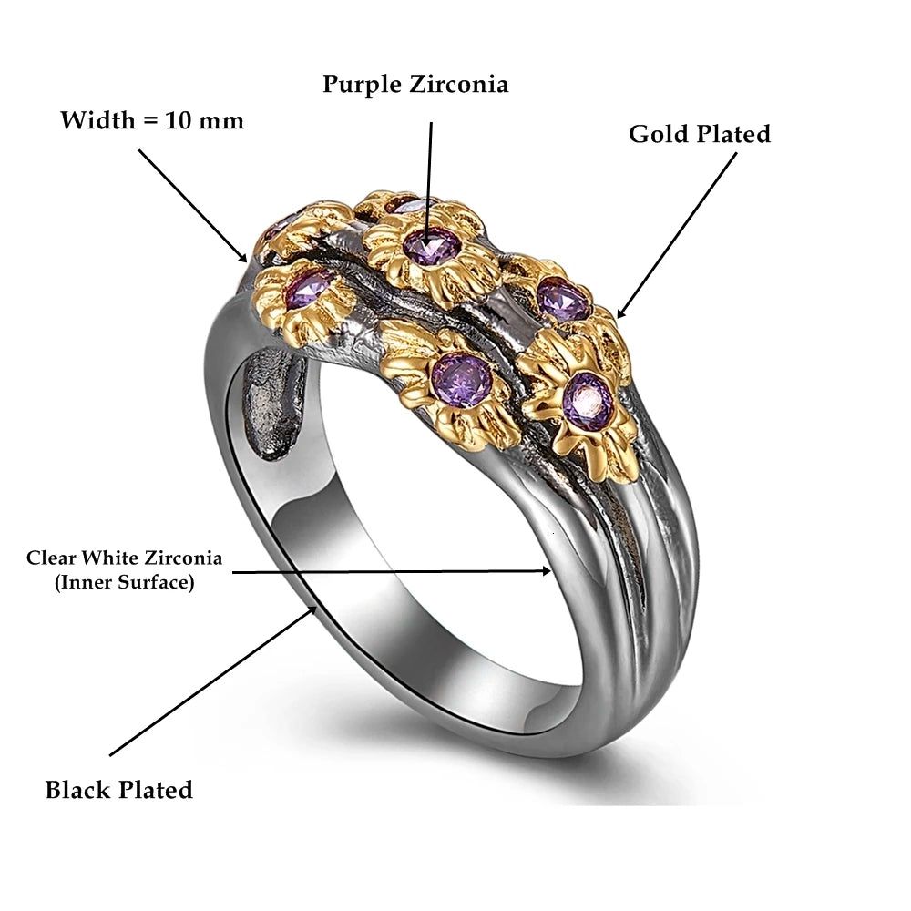 Fashionable Neo-Gothic Floral Band Ring with Purple Zircon in Gold Finish