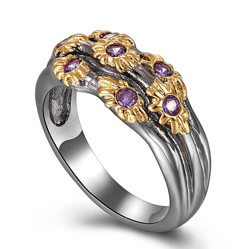 Fashionable Neo-Gothic Floral Band Ring with Purple Zircon in Gold Finish