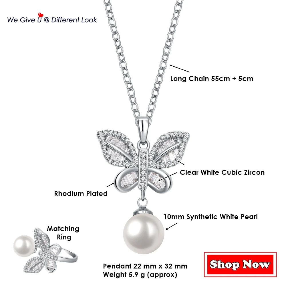 Fashionable Pearl-Embellished Butterfly Pendant Necklace with Zircon Accents