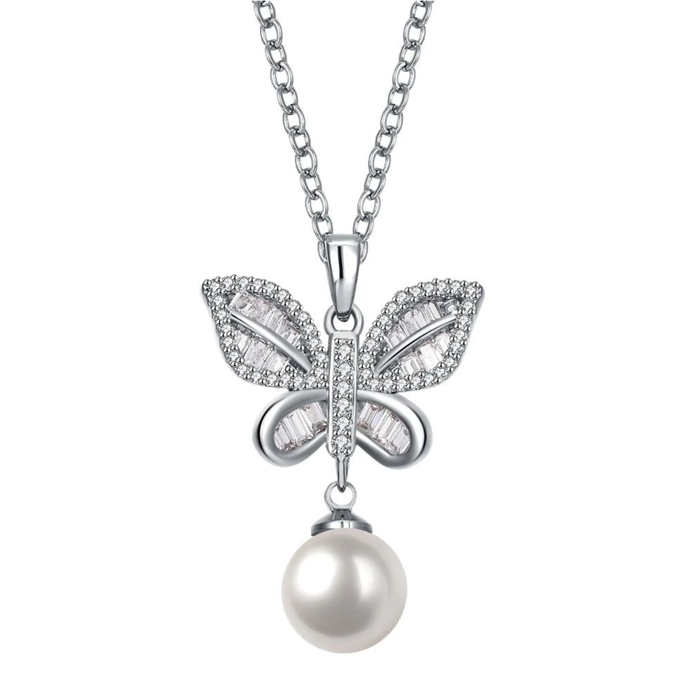 Fashionable Pearl-Embellished Butterfly Pendant Necklace with Zircon Accents