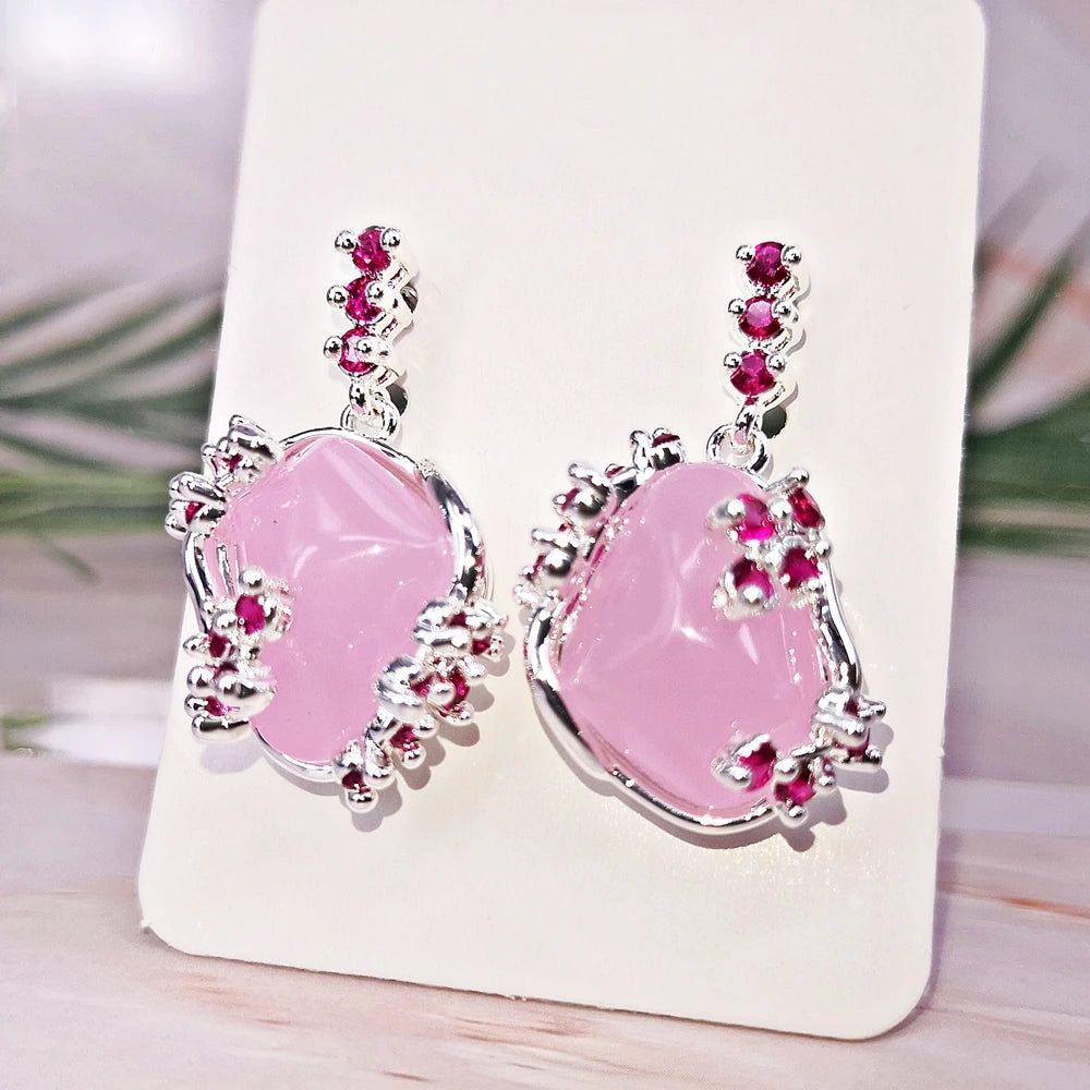 Fashionable Pink Opal Mismatched Drop Earrings in Silver Plating