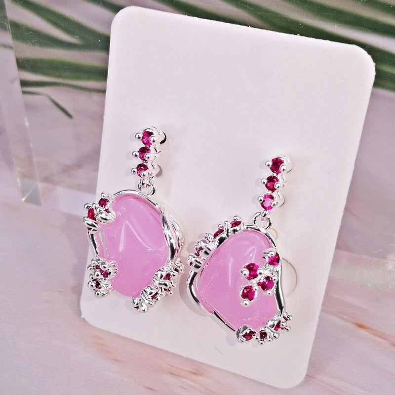 Fashionable Pink Opal Mismatched Drop Earrings in Silver Plating