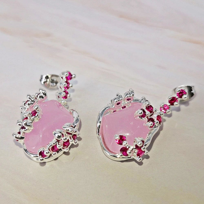 Fashionable Pink Opal Mismatched Drop Earrings in Silver Plating