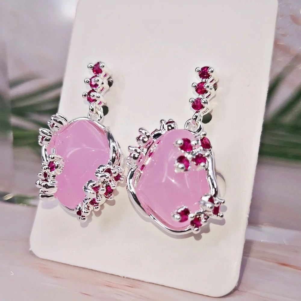 Fashionable Pink Opal Mismatched Drop Earrings in Silver Plating