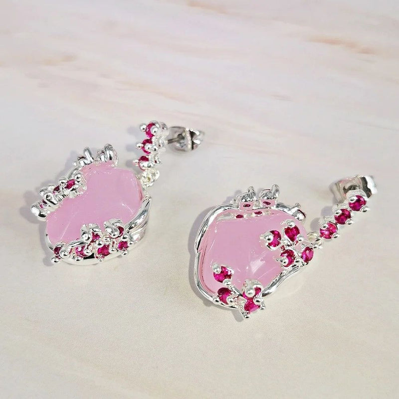 Fashionable Pink Opal Mismatched Drop Earrings in Silver Plating