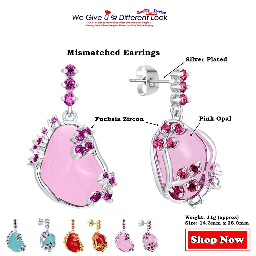 Fashionable Pink Opal Mismatched Drop Earrings in Silver Plating