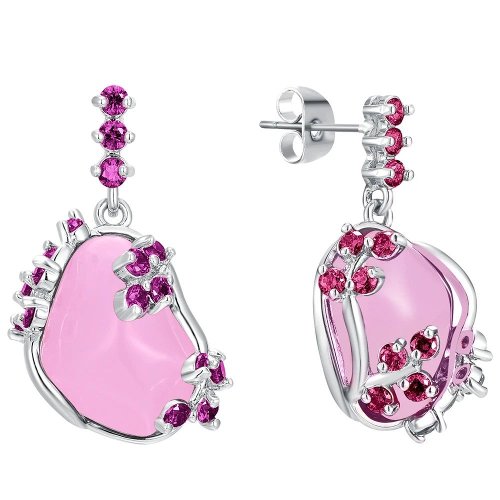 Fashionable Pink Opal Mismatched Drop Earrings in Silver Plating