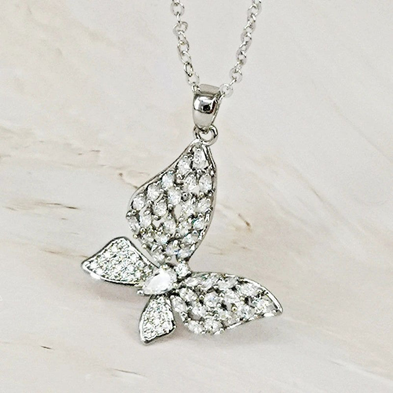 Fashionable Rhodium Plated Butterfly Pendant Necklace with Clear Zirconia