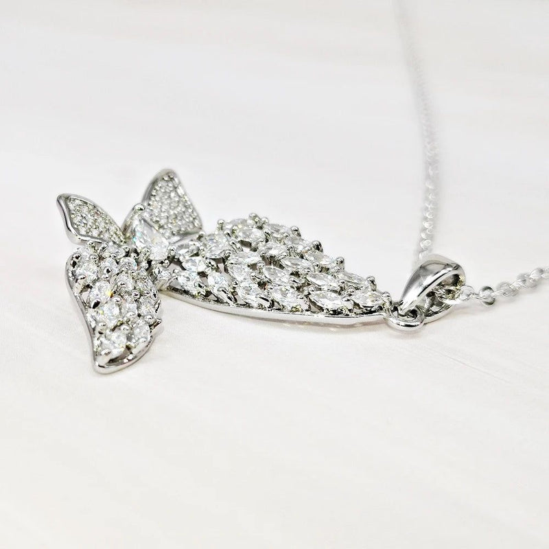 Fashionable Rhodium Plated Butterfly Pendant Necklace with Clear Zirconia