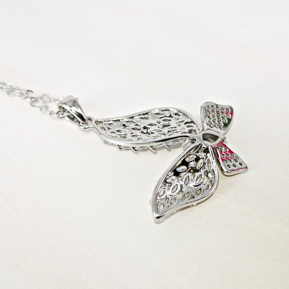 Fashionable Rhodium Plated Butterfly Pendant Necklace with Clear Zirconia