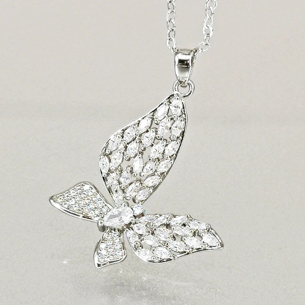 Fashionable Rhodium Plated Butterfly Pendant Necklace with Clear Zirconia