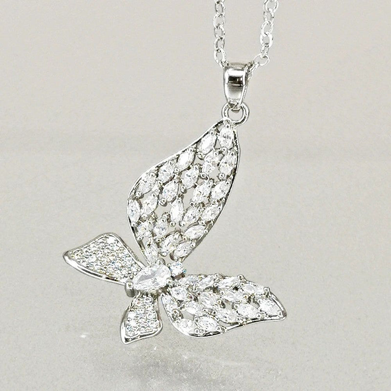 Fashionable Rhodium Plated Butterfly Pendant Necklace with Clear Zirconia