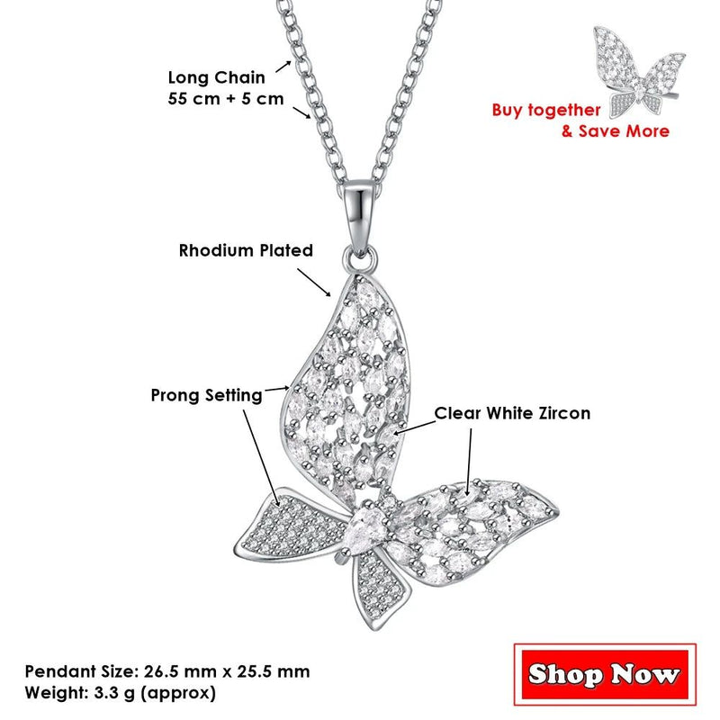 Fashionable Rhodium Plated Butterfly Pendant Necklace with Clear Zirconia