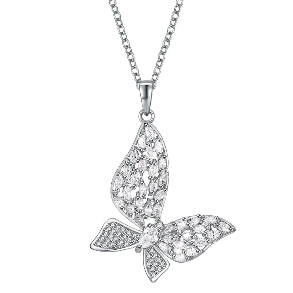 Fashionable Rhodium Plated Butterfly Pendant Necklace with Clear Zirconia