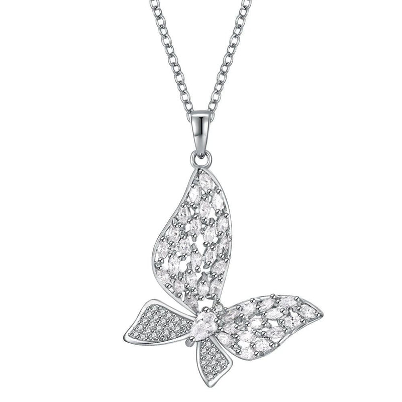 Fashionable Rhodium Plated Butterfly Pendant Necklace with Clear Zirconia