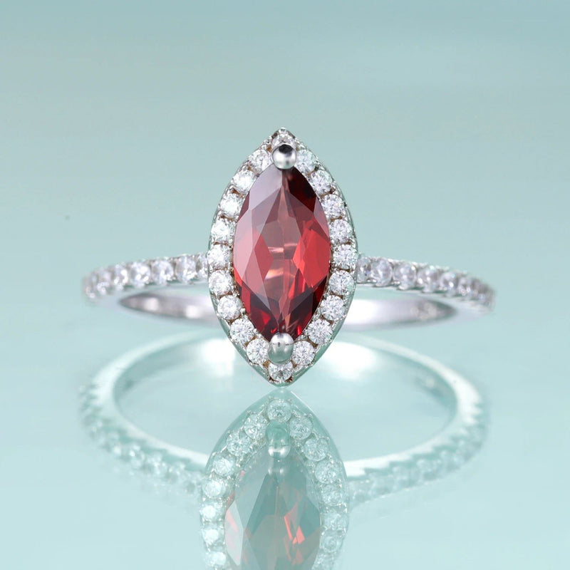 February Birthstone Marquise Cut Red Garnet Halo Ring