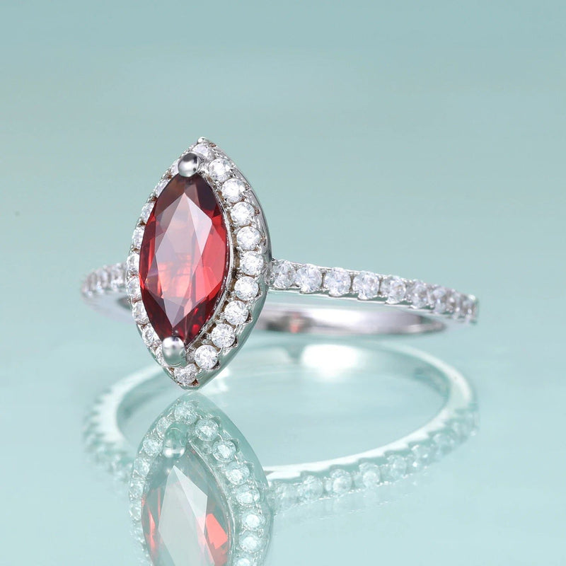 February Birthstone Marquise Cut Red Garnet Halo Ring