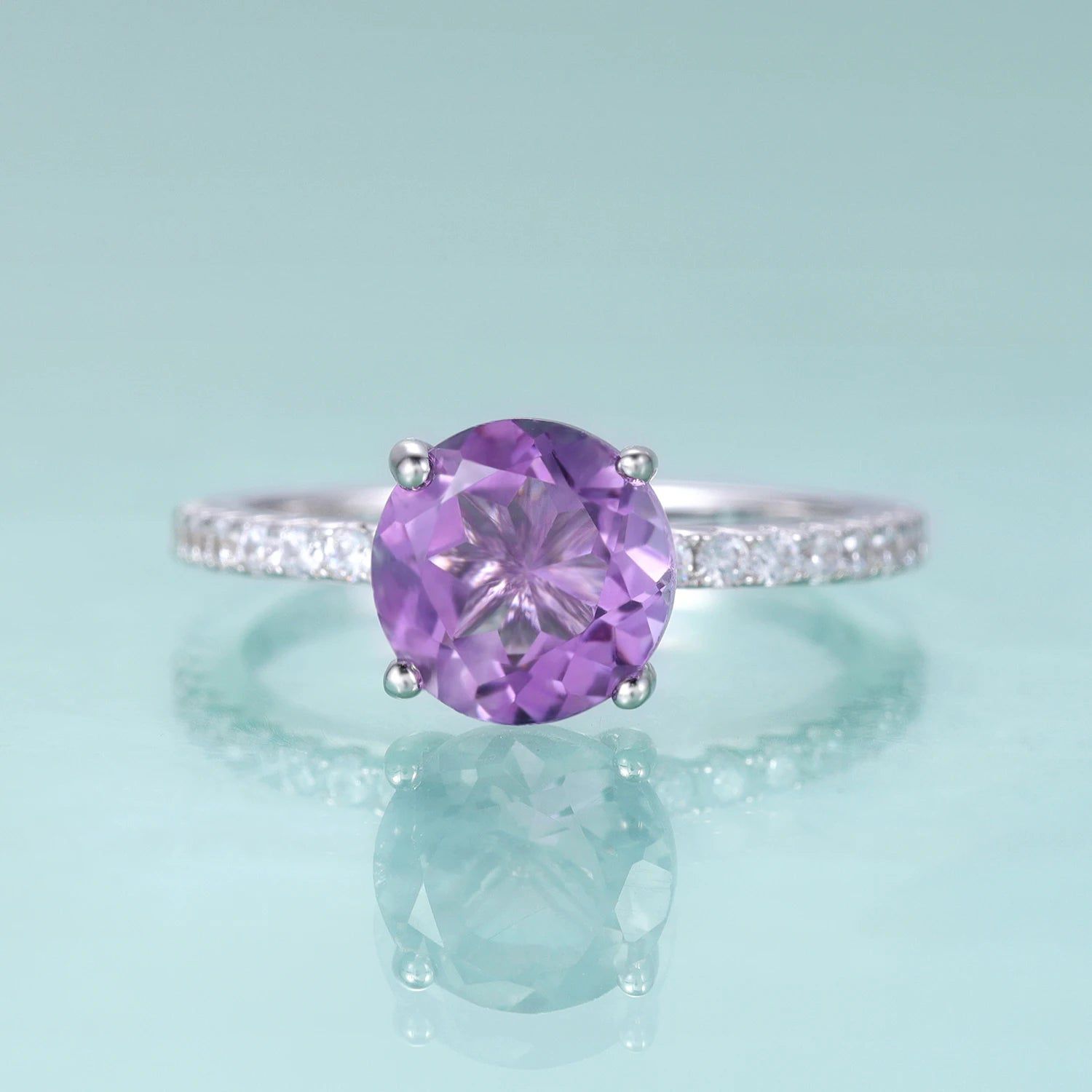 February Birthstone Vintage Amethyst 8mm Silver Dainty Ring