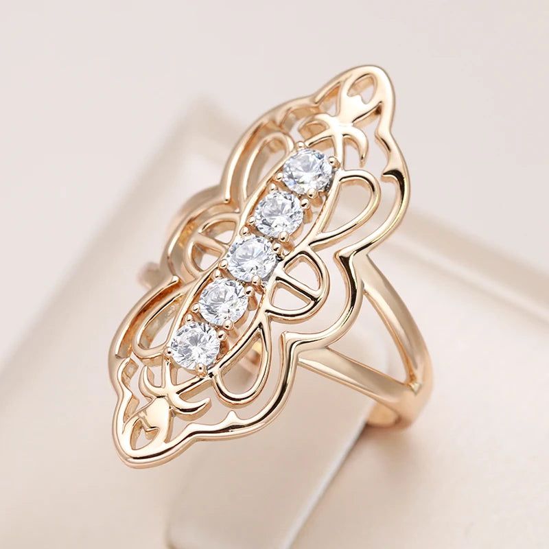 Floral Elegance 585 Rose Gold Hollow Zircon Ring Jewelry