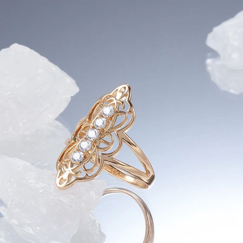 Floral Elegance 585 Rose Gold Hollow Zircon Ring Jewelry