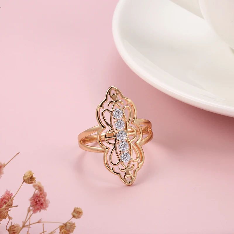 Floral Elegance 585 Rose Gold Hollow Zircon Ring Jewelry