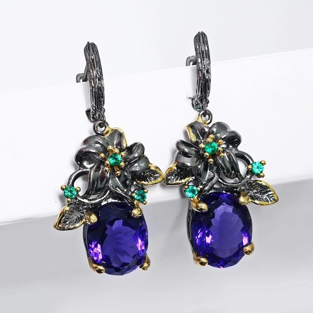 Floral Elegance: Bold Blue CZ Drop Earrings with Gun Black and Gold Accents