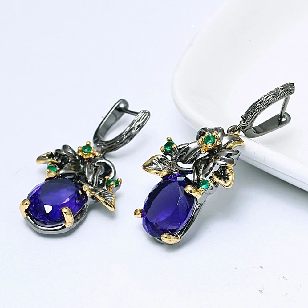 Floral Elegance: Bold Blue CZ Drop Earrings with Gun Black and Gold Accents