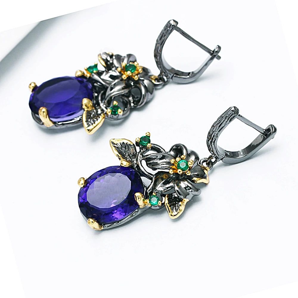 Floral Elegance: Bold Blue CZ Drop Earrings with Gun Black and Gold Accents